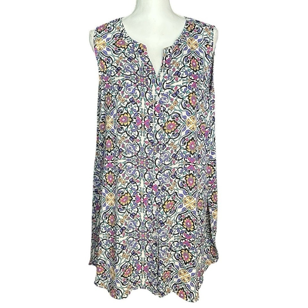 SPENCE Sleeveless Tunic sz XL Multicolor Floral Damask Button Up Chiffon Boho - Picture 2 of 9